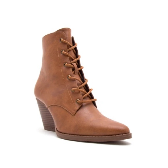 Lace up ankle booties boots camel brown leather heeled heels - Picture 2 of 11